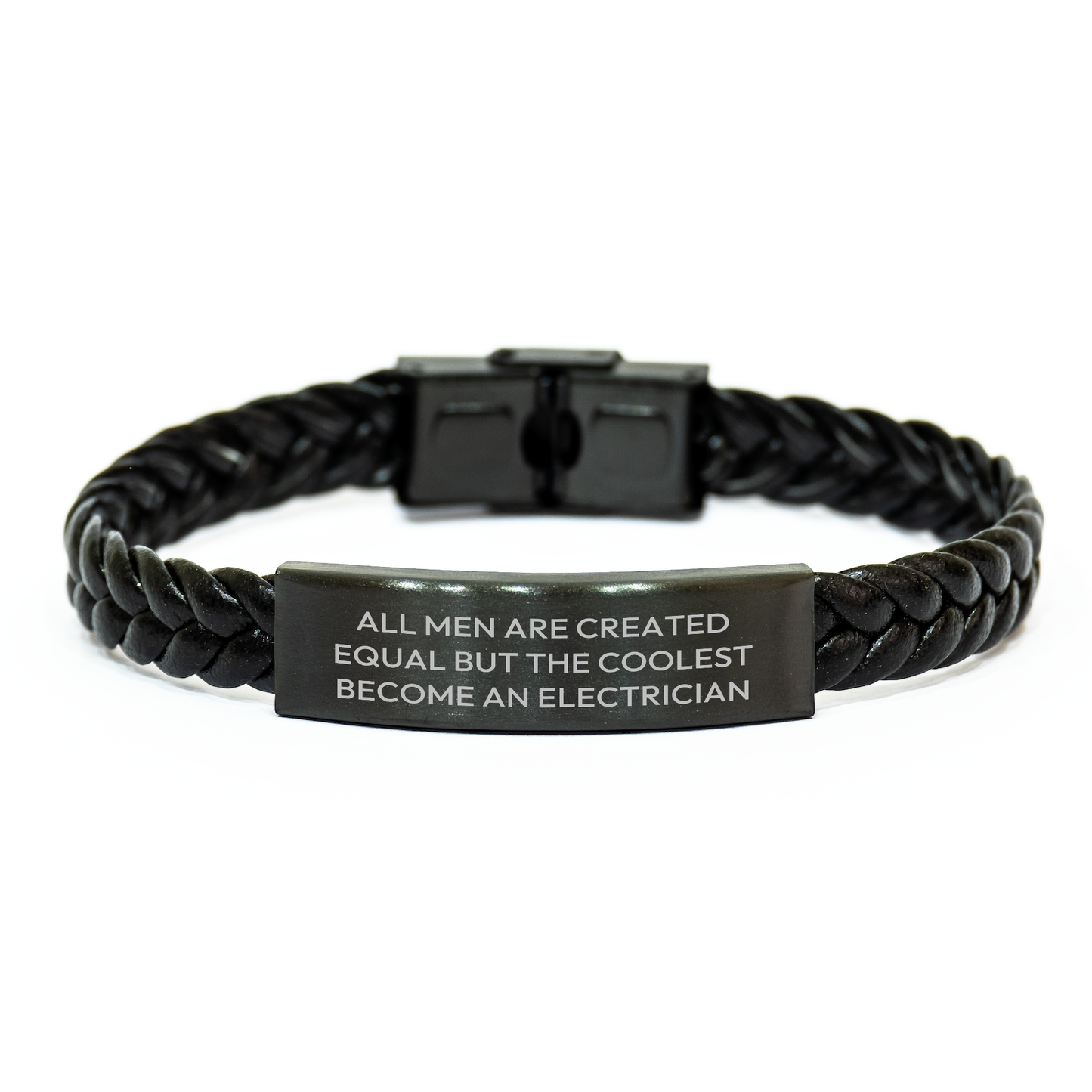 Funny Electrician Gifts for Men - Interlaced Leather Bracelet with Quote 'All Men Are Created Equal But The Coolest Become An Electrician' - Mother's Day Unique Gifts from Family to Friends - Image 1