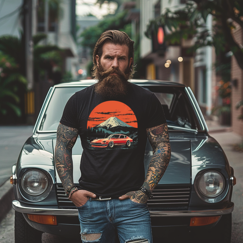Datsun 240Z Shirt – JDM Car T-Shirt with Mount Fuji Sunset | Vintage Japanese Sports Car Tee