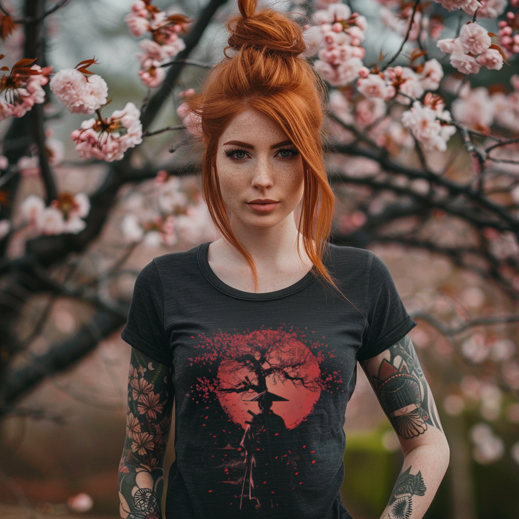 Threads Kaiju Shogun Silhouette - Warrior Gaze Cherry Blossom Tee – Funny Gift for Threadss