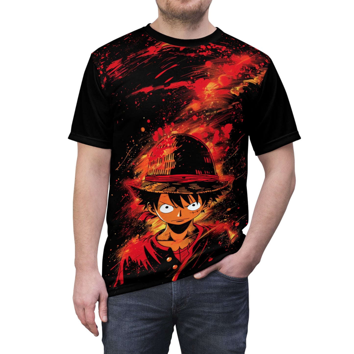 One Piece Luffy T-Shirt, Anime Explosion Design, Manga Fan Graphic Tee, Red & Black Streetwear Style, Cool Gift for Otaku