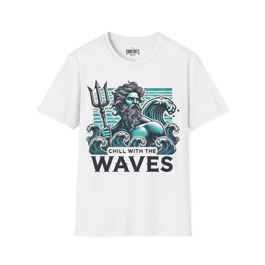 Chill with the Waves Poseidon Graphic T-Shirt – Retro Ocean God Design on White Tee, Poseidon t-shirt, ocean god shirt, mythological graphic tee