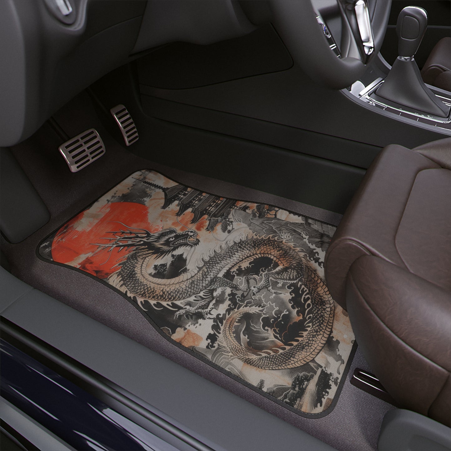 Rising Sun Dragon Ukiyo-e Car Mat – Majestic Japanese Temple Art Floor Accessory Car Floor Mats, 1pc