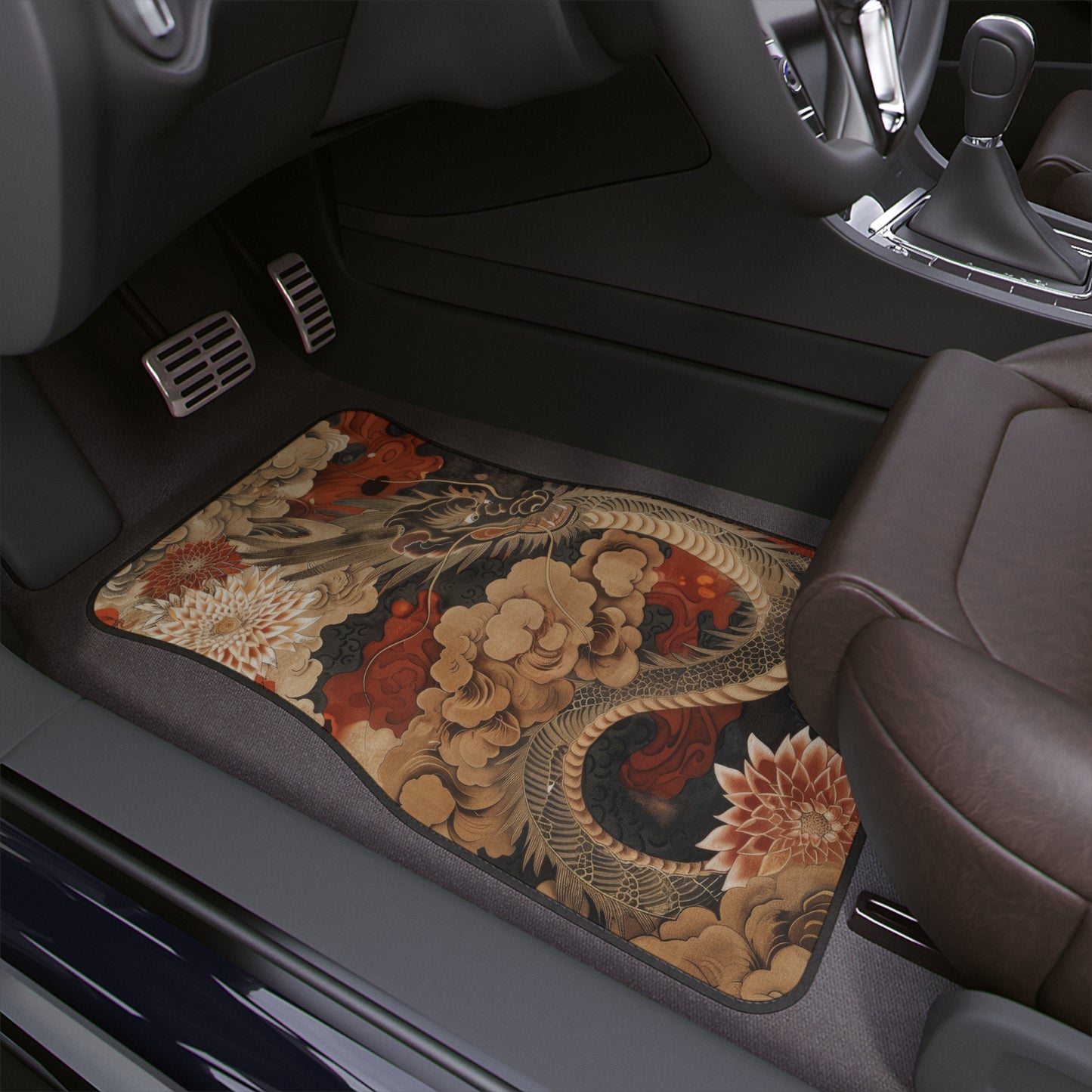 Eternal Dragon – Nanban Art-Inspired Car Mat with Chrysanthemum & Paulownia, Car Floor Mats, 1pc