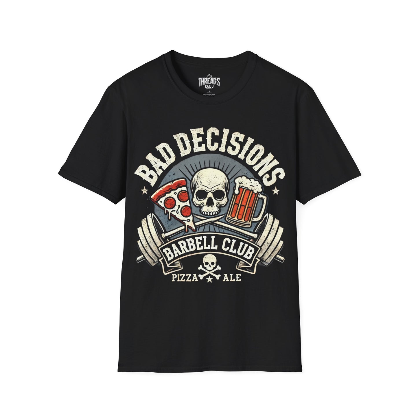 Bad Decisions Barbell Club Unisex Softstyle T-Shirt, Workout, Gym Tee, Pizza and Beer Shirt, Skull Crossbones, Vintage Tee