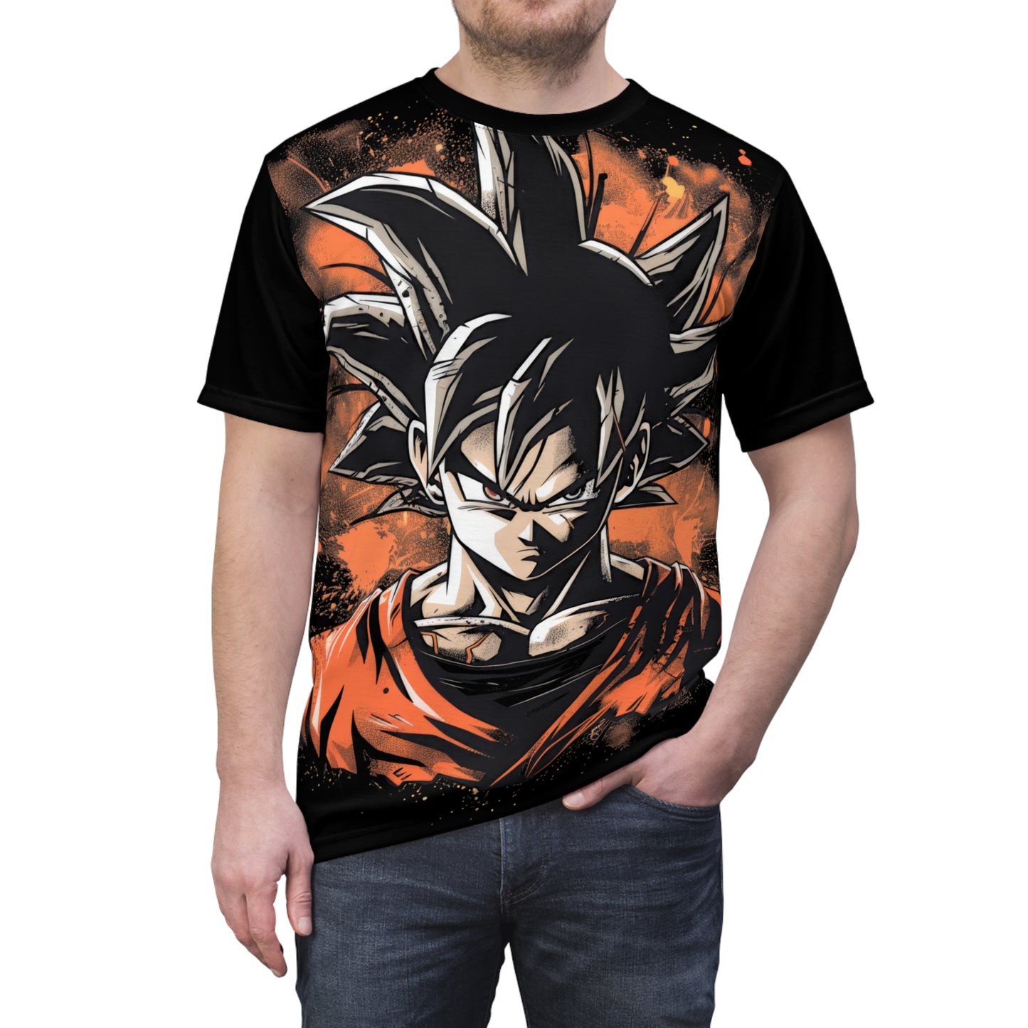 Fierce Anime Character T-Shirt, Black Graphic Tee, Cool Manga Style Art, Goku-Inspired Design for Anime Fans, Unique Gift