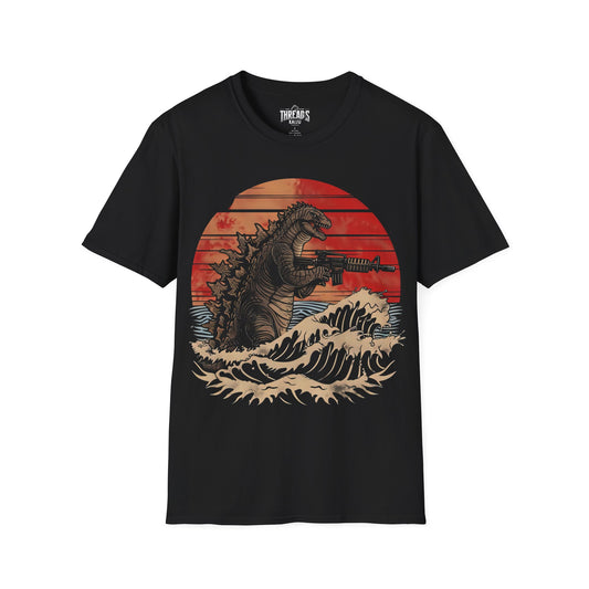 Kaiju with Rifle T-Shirt – Funny Kaiju Graphic Tee for Monster Movie Fans