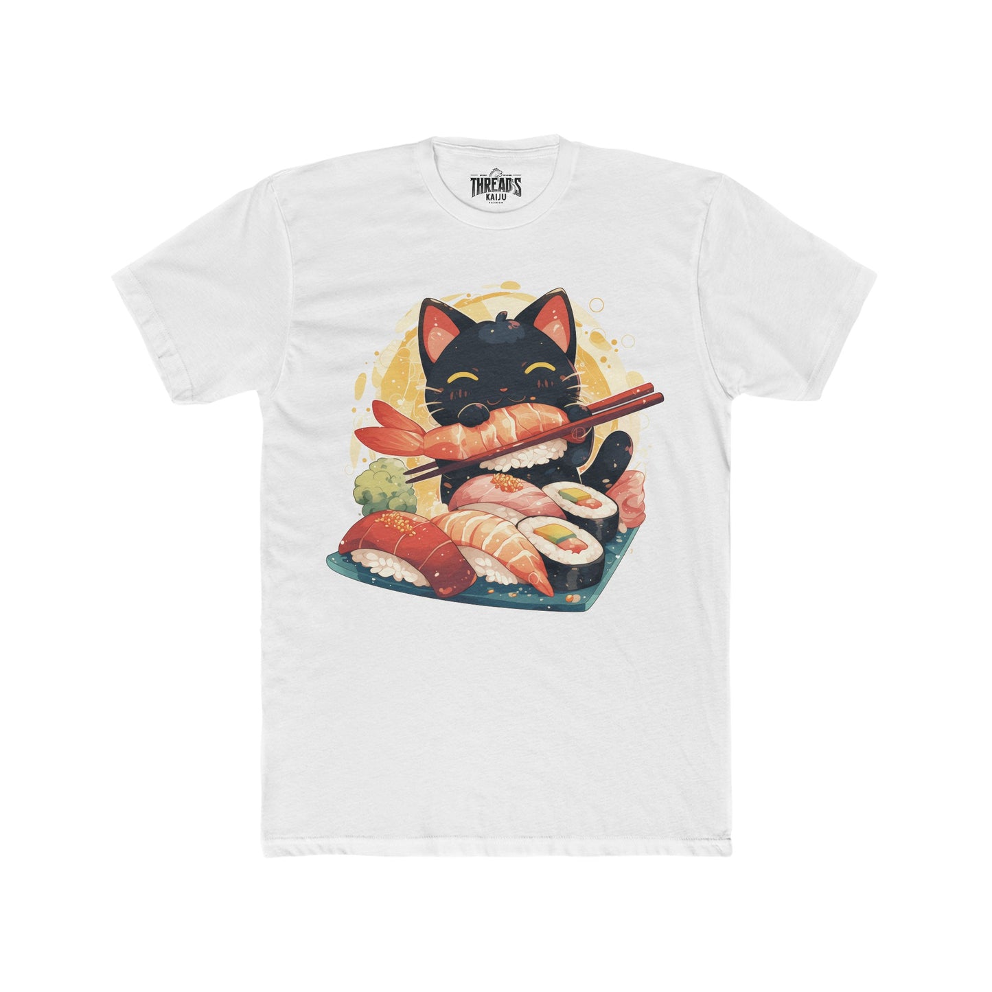 Sushi Kitty Feast T-Shirt: Adorable Black Cat with Chopsticks for Sushi Lovers and Cat Enthusiasts