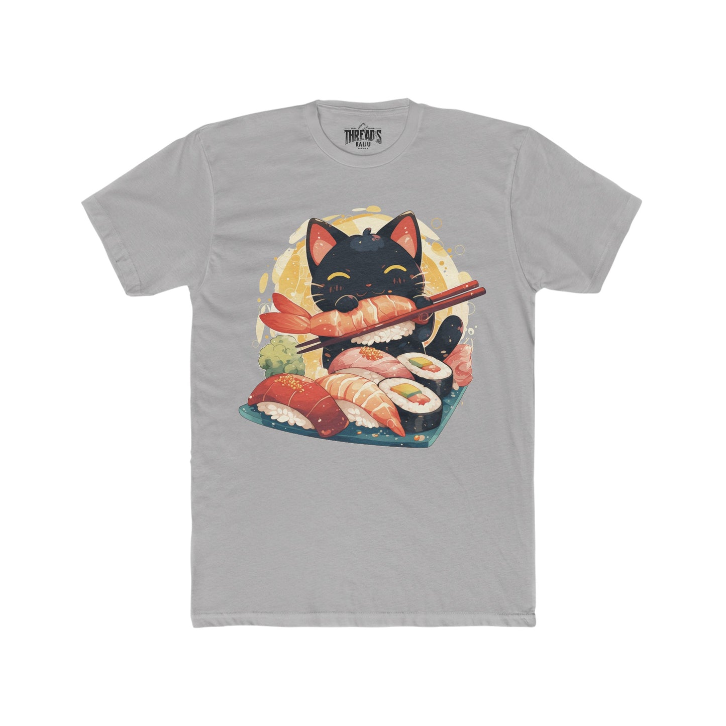 Sushi Kitty Feast T-Shirt: Adorable Black Cat with Chopsticks for Sushi Lovers and Cat Enthusiasts