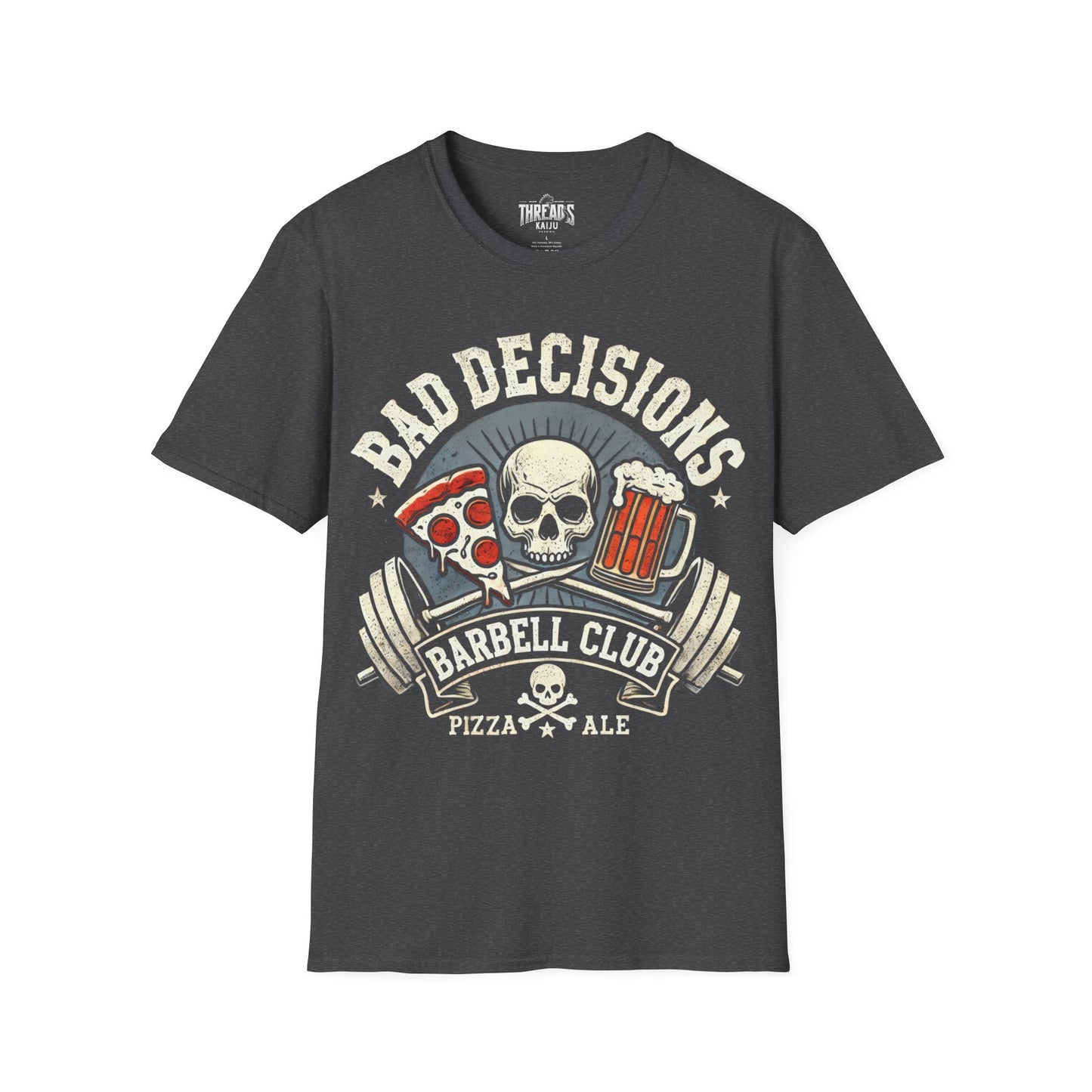 Bad Decisions Barbell Club Unisex Softstyle T-Shirt, Workout, Gym Tee, Pizza and Beer Shirt, Skull Crossbones, Vintage Tee