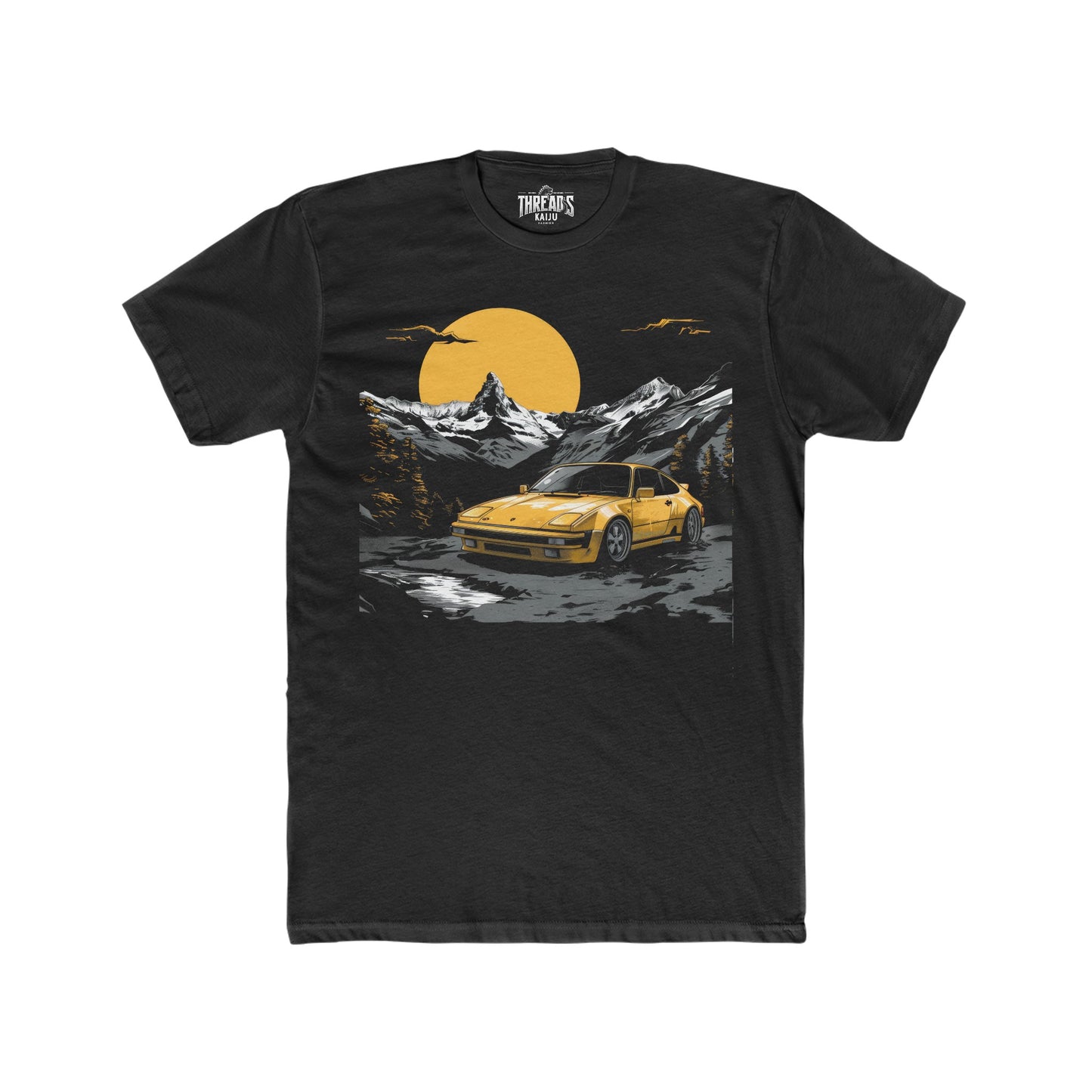 Golden Porsche Slantnose 911 Adventure T-Shirt: Classic Car Amidst Alpine Peaks, Classic 911 Shirt, Alpine Car Tee, Golden Sports Car