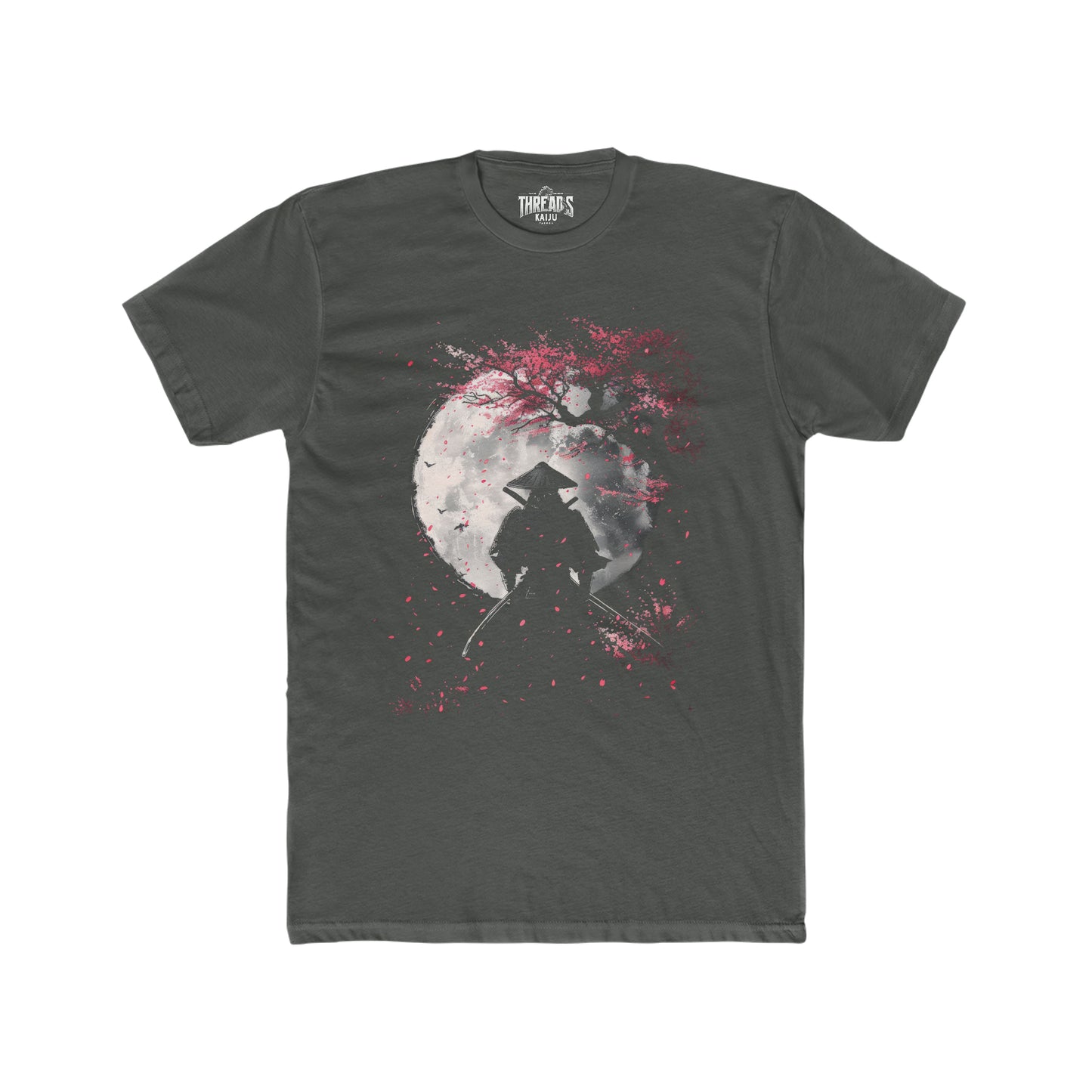 Moonlit Samurai Vigil Tee - Shogun Warrior Amidst Cherry Blossoms and Night Sky