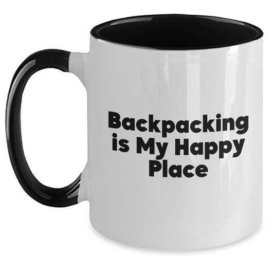 Funny Backpacking Gifts from Friends to Backpacking Lovers - Two Tone Coffee Mug, 'Backpacking Is My Happy Place' Quote, Mother's Day Unique Gifts - Main