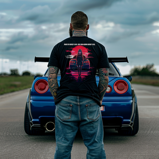 Bushido Spirit R34 Drift Tee - Samurai Love & Fight Quote, JDM Nissan Car Culture Shirt, Tokyo Street Racing Apparel, Neon Urban Nightwear