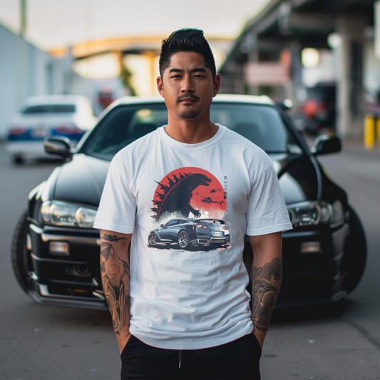 Nissan GTR & Godzilla Tee - Japanese Performance Car T-Shirt, Monster Graphic, Car Fan Gift